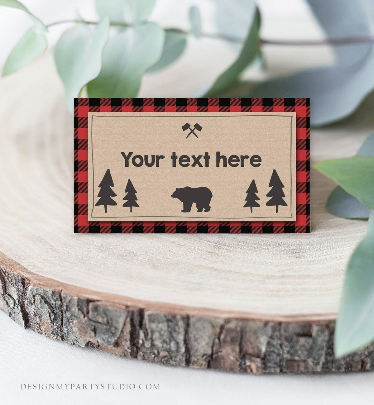 Editable Food Labels Lumberjack Birthday Wild One Buffalo Plaid Place Card Tent Card Escort Bear Woodland Rustic Template Printable 0026