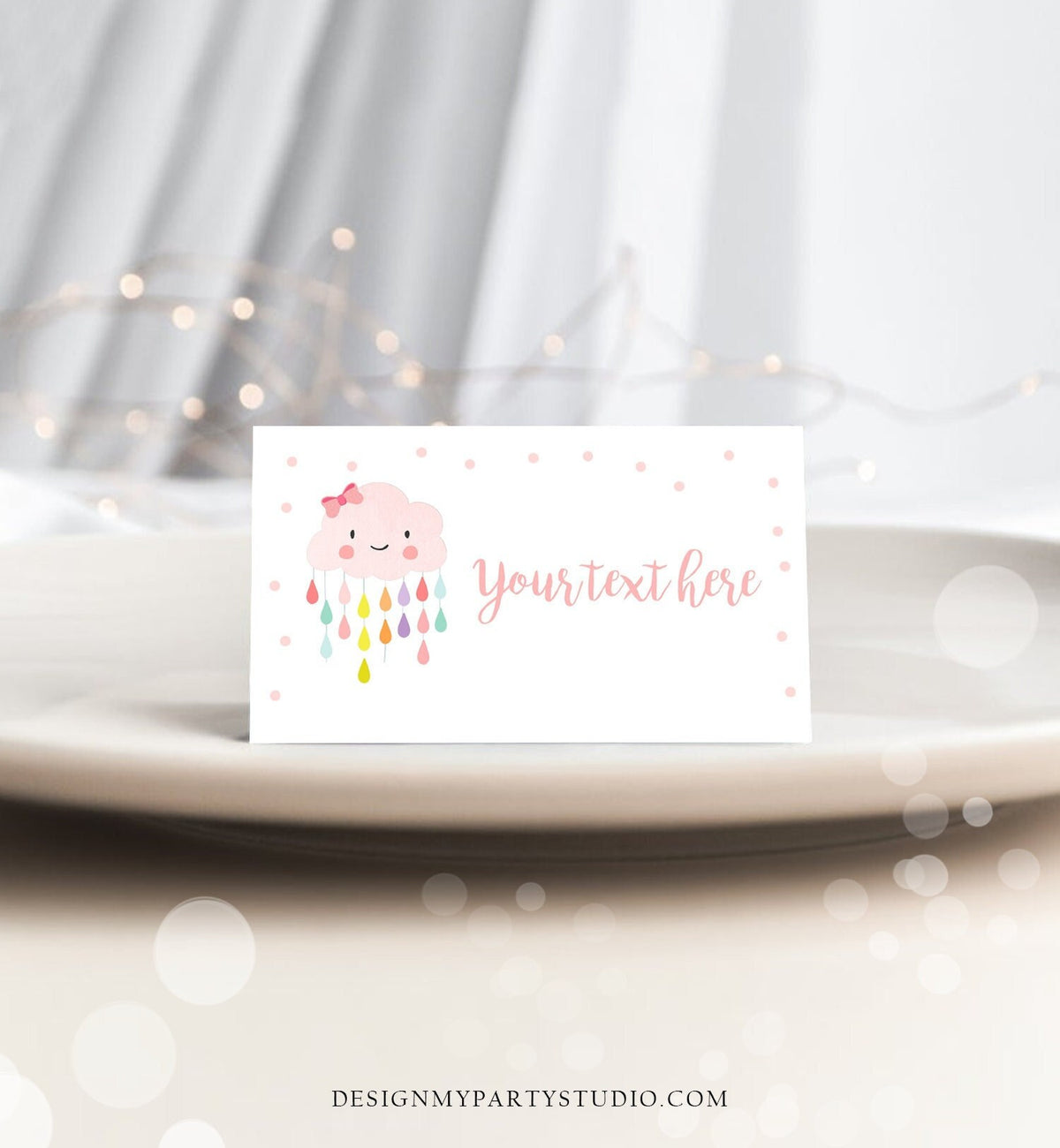 Editable Cloud Food Labels Raindrops Place Card Rain Drops Pink Girl Baby Shower Tent Card Sprinkle Rainbow Digital Template Printable 0036