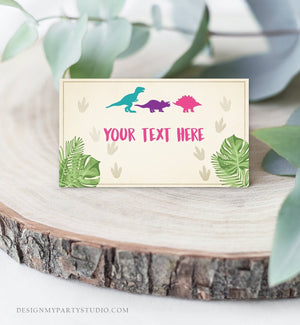 Editable Dinosaur Food Labels Dinosaur Party Place Card Tent Card Escort Card Dino Birthday Girl Pink T-Rex Prehistoric Template Corjl 0043