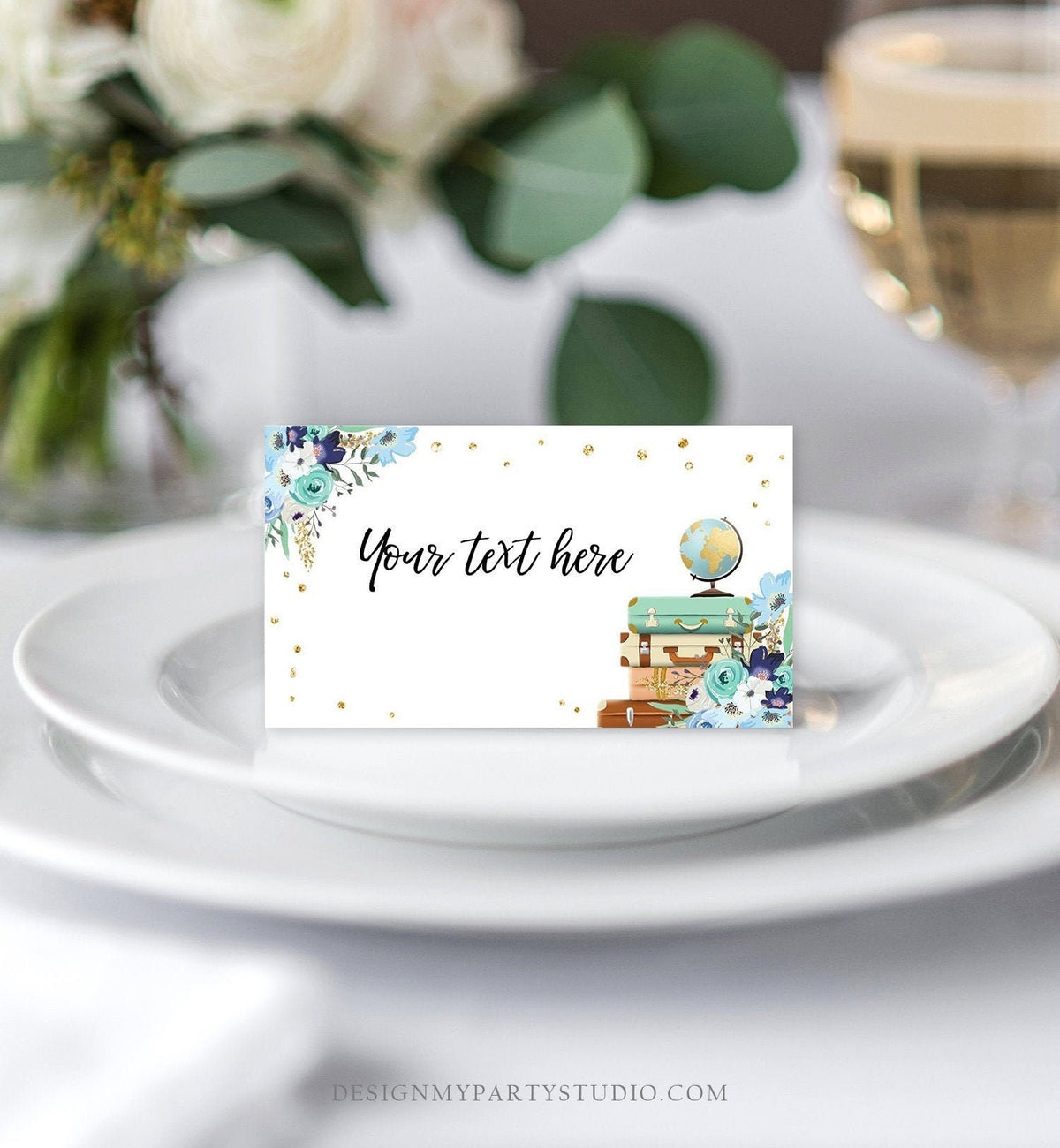 Editable Travel Adventure Food Labels Place Card Tent Card Escort Card Bridal Shower Blue Floral Digital Download Template Printable 0030