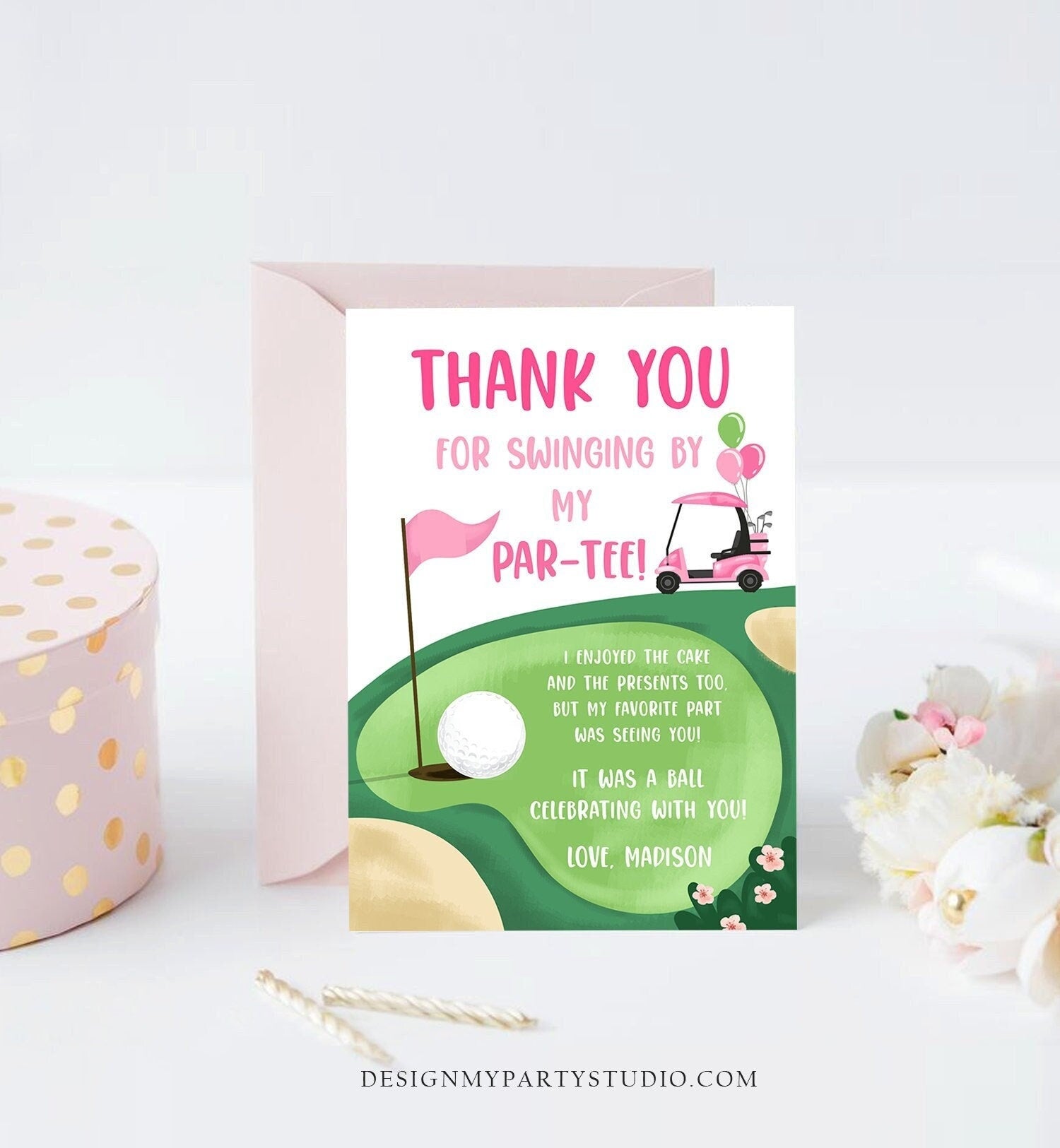 Editable Golf Thank You Card Golfing Birthday Par-tee Swinging By Hole in One Golf Court Girl Pink Cart Digital Template Printable 0405