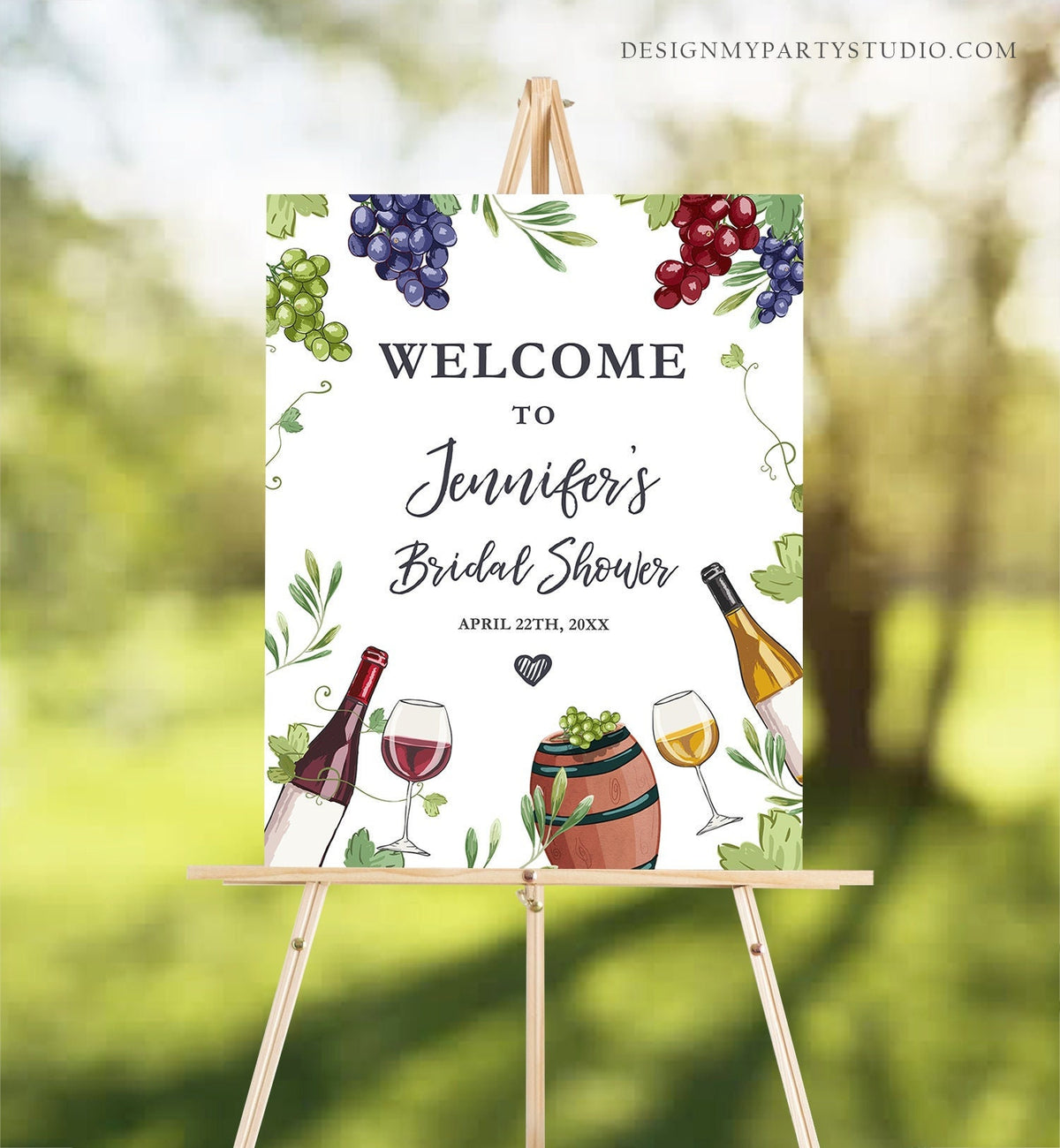 Editable Wine Welcome Sign Couples Shower Welcome Cheers to Love Brunch Bubbly Grapes Bottle White Floral Digital Template Printable 0234