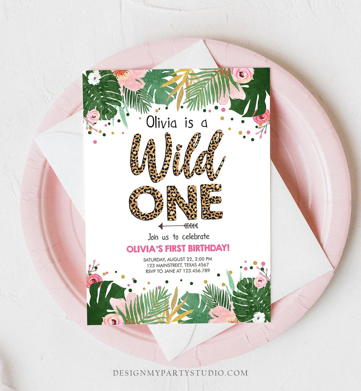 Editable Wild One Birthday Invitation Girl Tropical Safari Leopard Print Wild Child 1st Birthday Digital Download Template Printable 0332