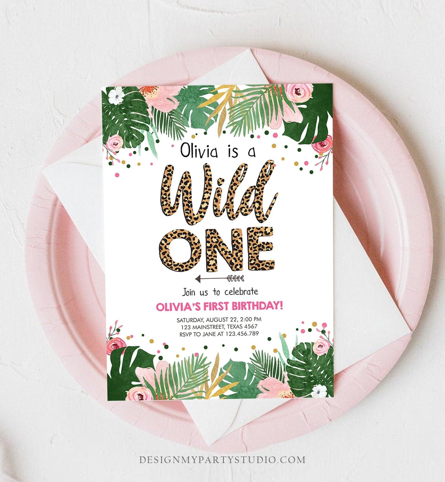 Editable Wild One Birthday Invitation Girl Tropical Safari Leopard Print Wild Child 1st Birthday Digital Download Template Printable 0332