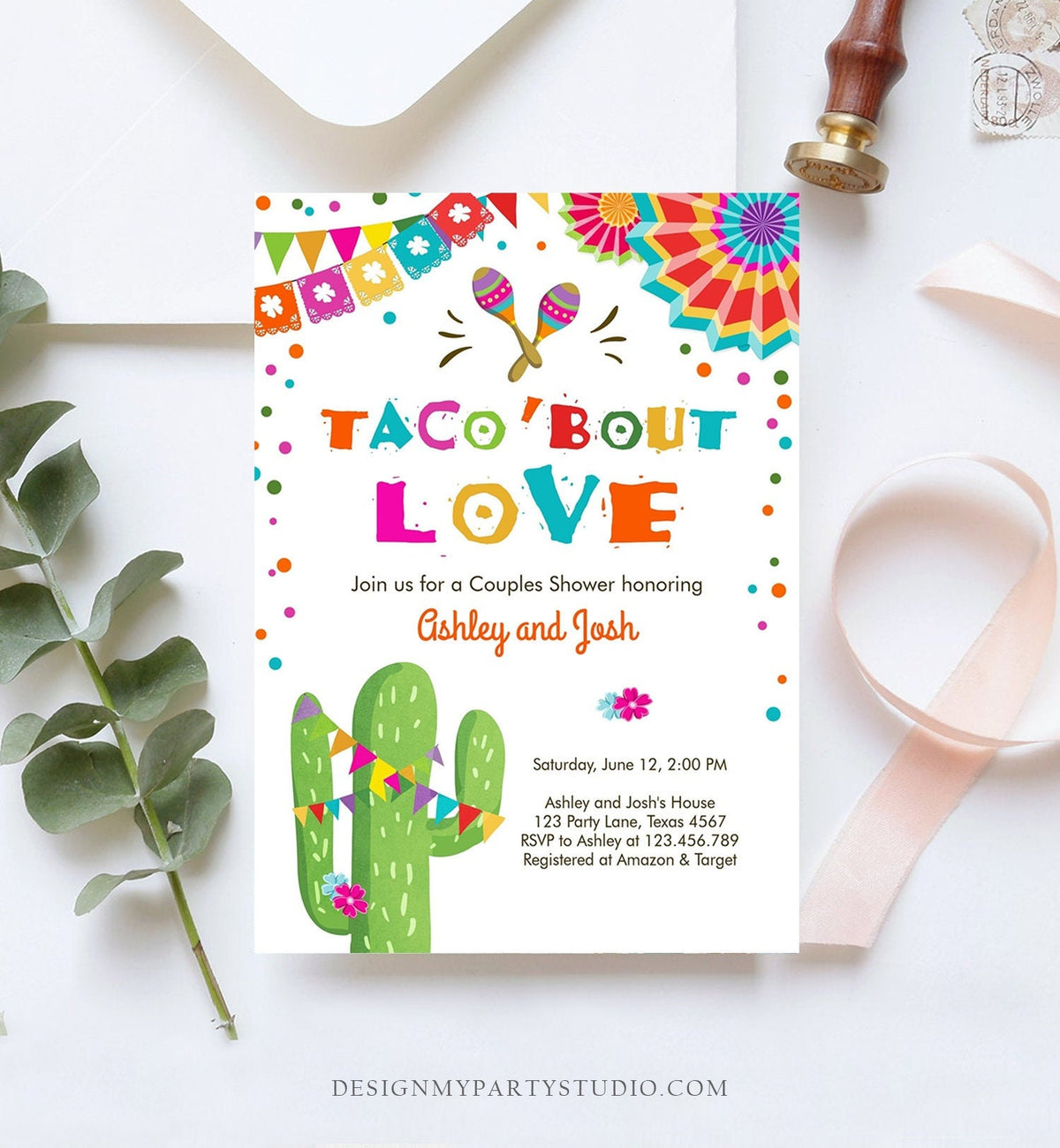 Editable Taco Bout Love Fiesta Couples Shower Invitation Couples Coed Joined Cactus Mexican Digital Download Evite Template Printable 0045