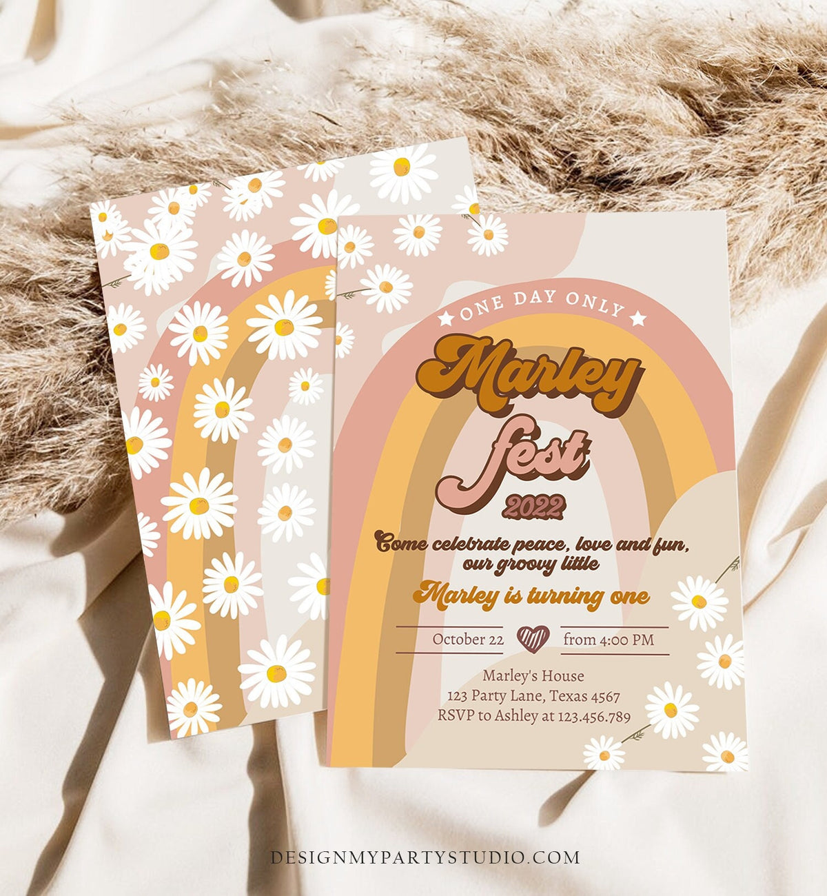 Editable Music Festival Birthday Party Invitation Floral Fest Birthday Seventies Groovy Peace Love Digital Download Template Printable 0428