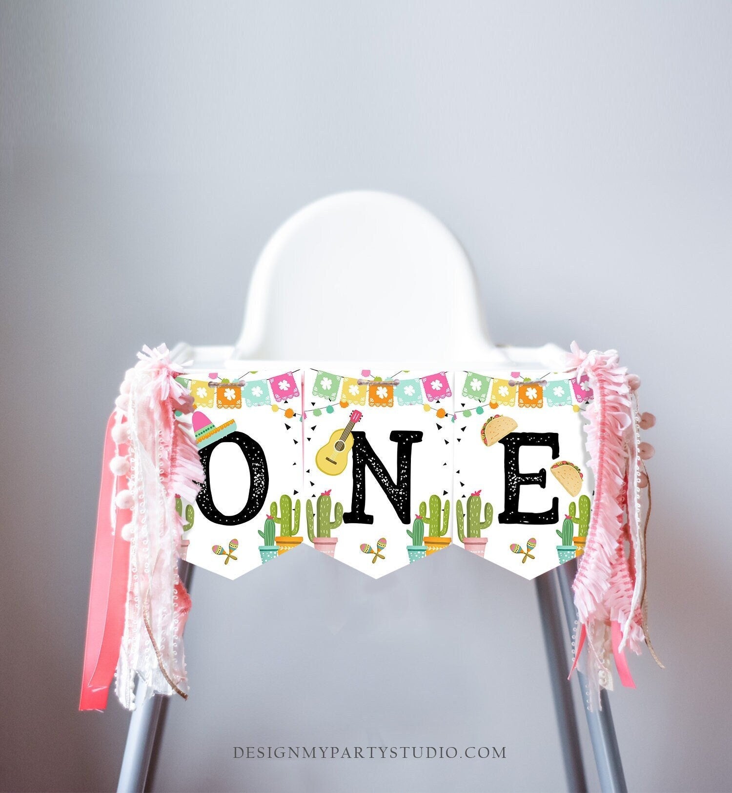 Fiesta High Chair Banner Fiesta 1st First Birthday Girl High Chair ONE Mexican Party Decor Cactus Instant Digital Download Printable 0161