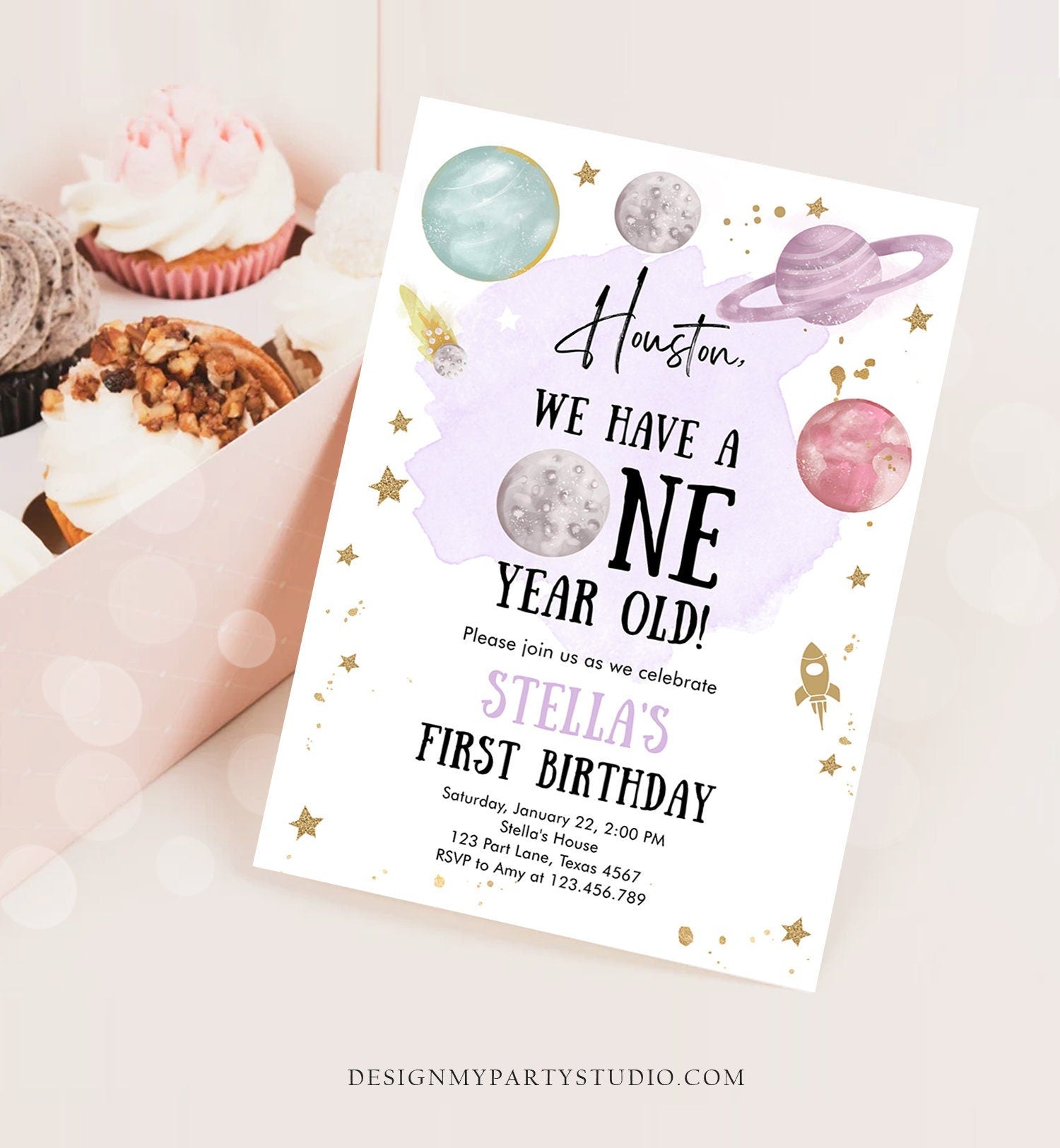 Editable Outer Space First Birthday Invitation Galaxy Houston First Trip Around the Sun One Digital Download Evite Template Printable 0357