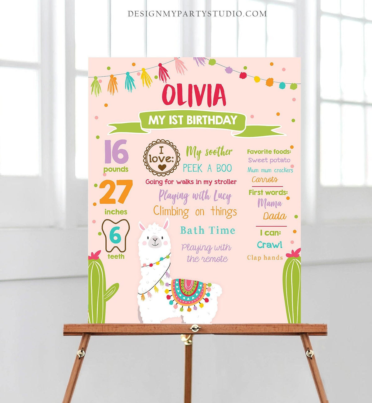 Editable Llama Birthday Milestones Sign First Fiesta Birthday Mexican Alpaca 1st Birthday Girl Pink Digital Download Template Printable 0079