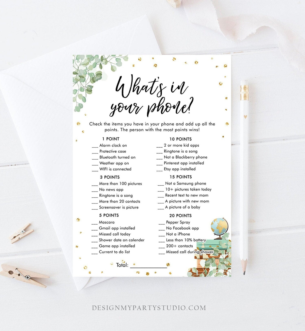 Editable What&#39;s in Your Phone Bridal Shower Game Wedding Shower Activity Eucalyptus Gold Confetti Flowers Digital Template Printable 0030