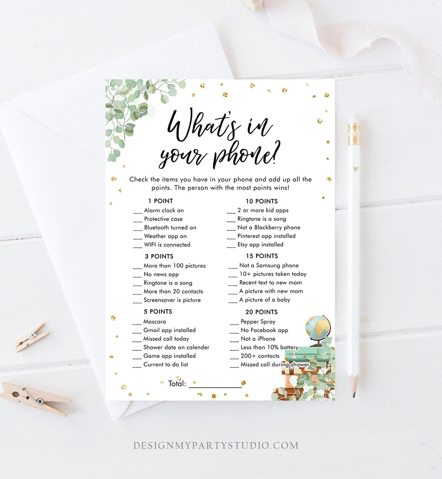 Editable What's in Your Phone Bridal Shower Game Wedding Shower Activity Eucalyptus Gold Confetti Flowers Digital Template Printable 0030