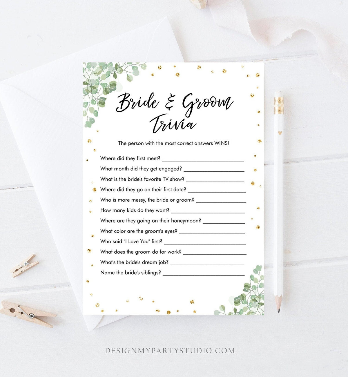 Editable Bride and Groom Trivia Bridal Shower Game Eucalyptus Gold Confetti What Did He or She Said Digital Download Printable 0030