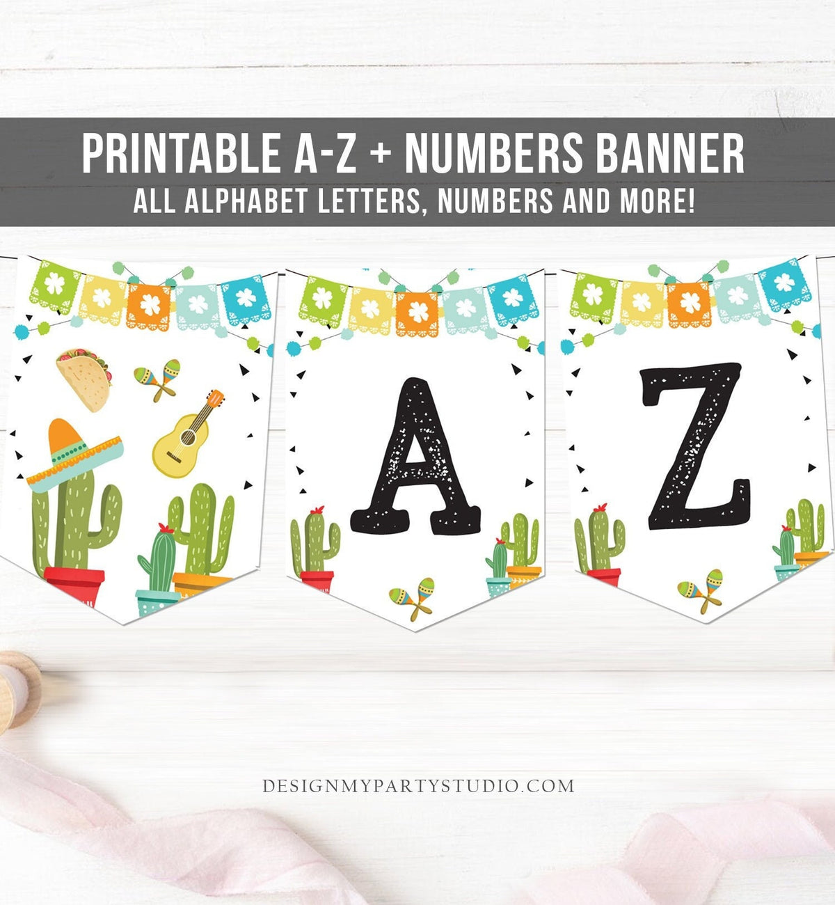 Fiesta Taco A-Z Banner Alphabet Numbers Banner Birthday Baby Shower Bridal Shower Cactus Succulent Mexican Garland Digital Printable 0161