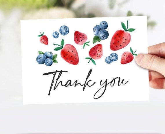 Blueberry Strawberry Thank You Card Girl Berry Birthday Party Thank You Note Girl Berry Sweet Instant Digital Download Printable 0399