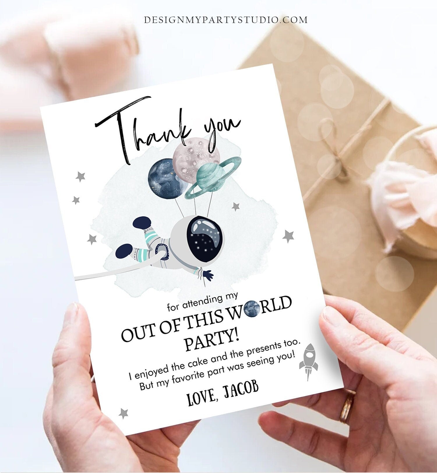 Editable Space Birthday Thank You Card Space Astronaut Thank You Note Planets Boy Blue Digital Download Template Printable 0366