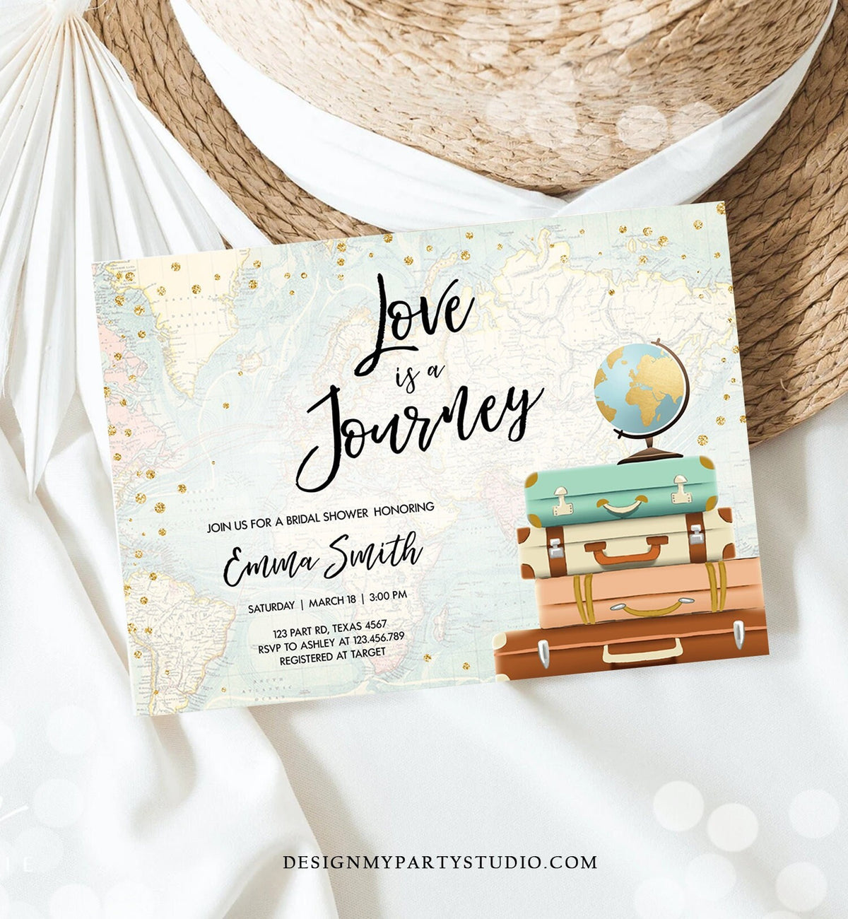 Editable Love is a Journey Bridal Shower Invitation Travel Adventure Gold Confetti Pink Floral Suitcases Download Template Printable 0263