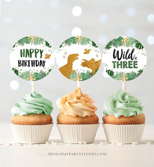 Wild and Three Cupcake Toppers Dinosaur Favor Tags Dino Third Birthday Party 3rd Decor T-Rex Boy Stickers Green Gold Download Printable 0146