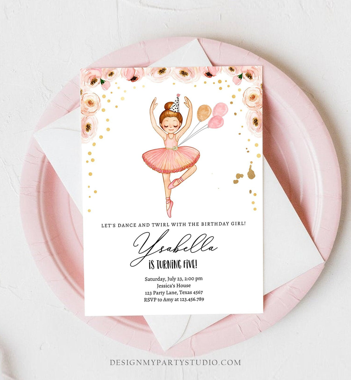 Editable Ballerina Birthday Invitation Ballerina Invitation Ballet Girl Tutu Dress Pink Gold Digital Download Evite Template Printable 0375