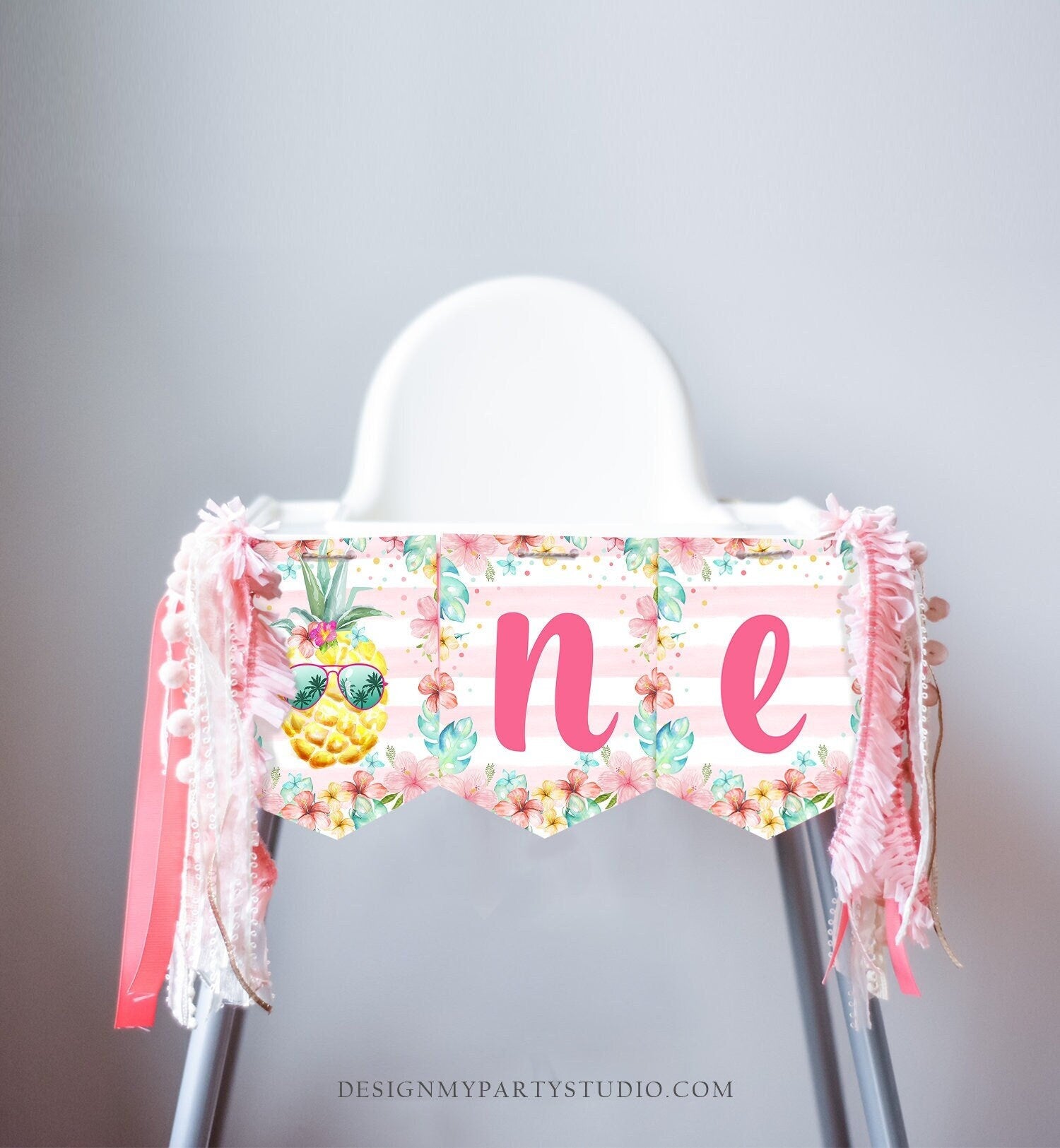 Pineapple High Chair Banner Hawaiian Luau 1st First Birthday High Chair ONE Banner Party Decor Tropical Girl Luau Digital Printable 0391