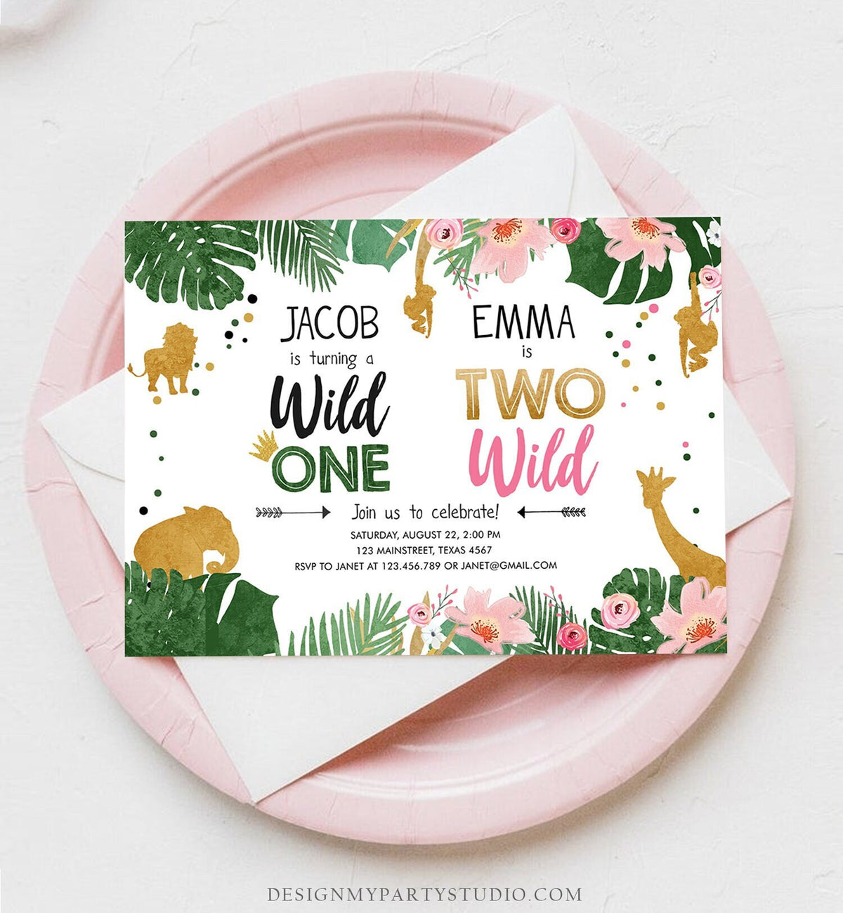 Editable Wild One Two Wild Birthday Invitation Safari Animals Boy Girl First Second Birthday Gold Joint Dual Digital Template Printable 0016