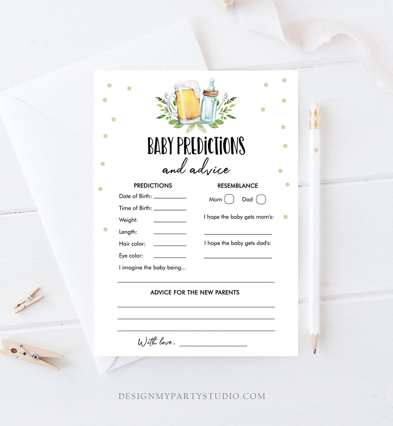 Editable Baby Predictions Baby Shower Game Advice for Parents Greenery Baby is Brewing Activity Beer Bottle Corjl Template Printable 0190