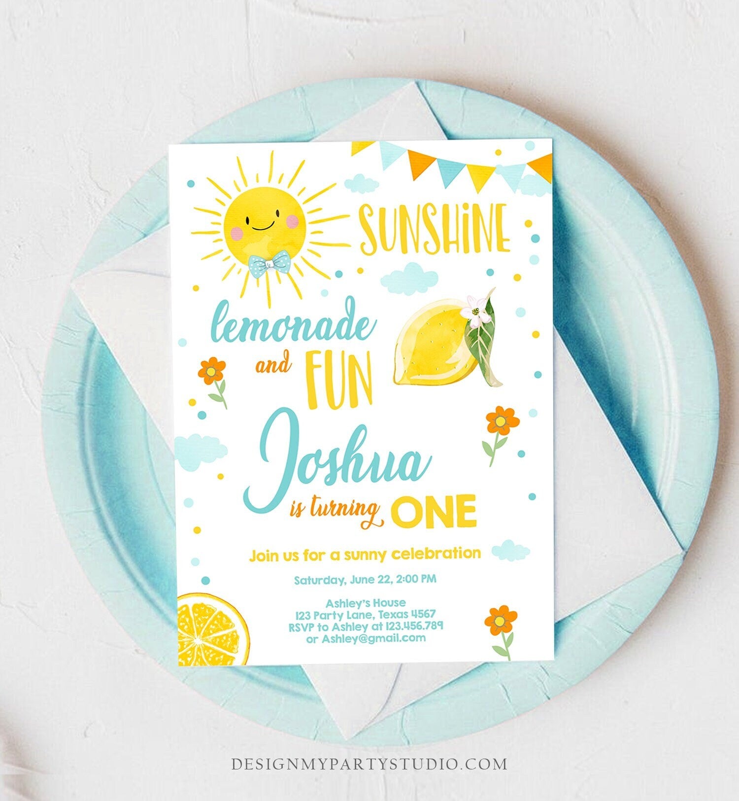 Editable Sunshine Lemonade Birthday Invitation Boy Blue Orange Sunshine Party Lemonade First 1st Digital Evite Template Printable 0141