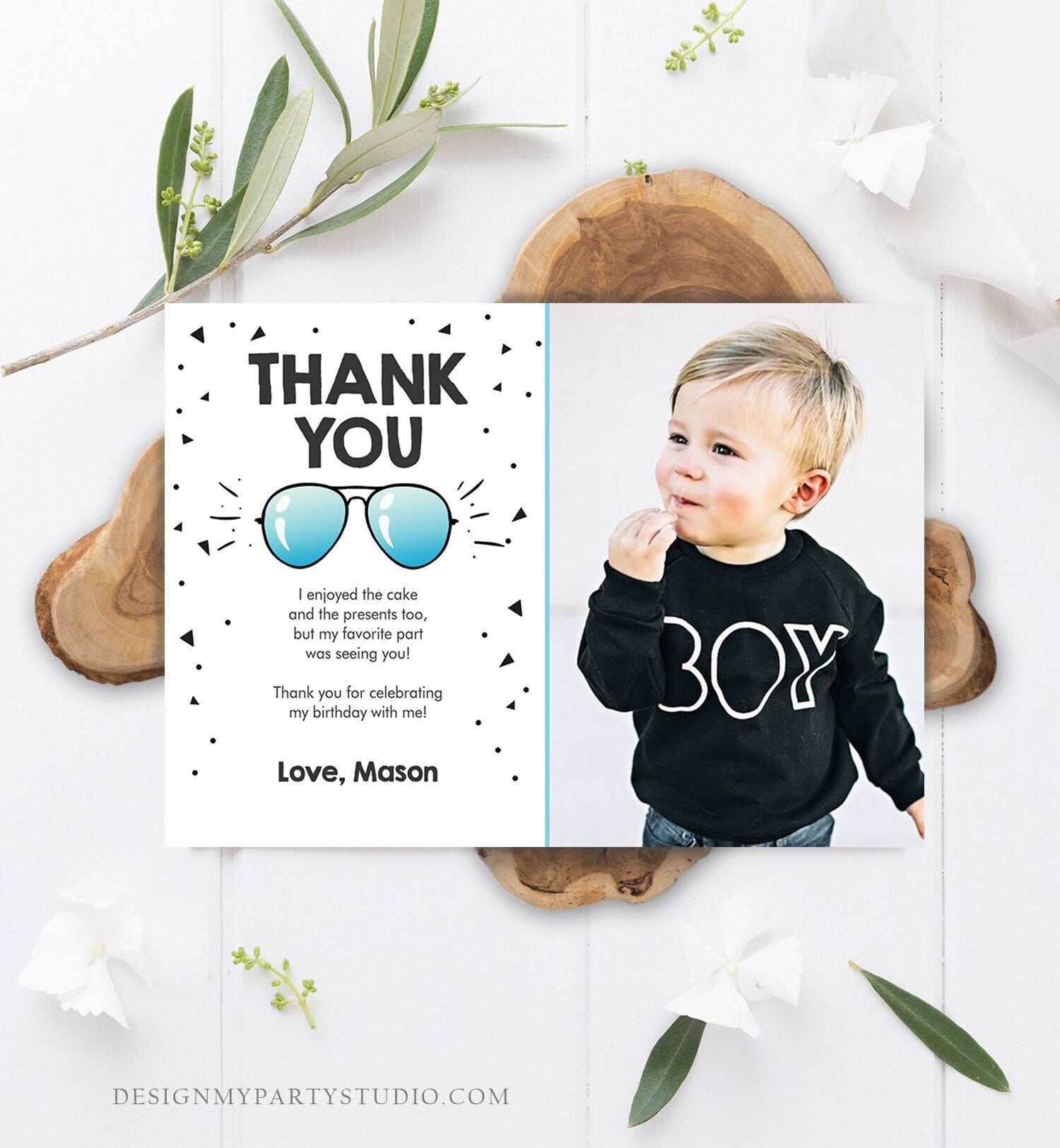 Editable Thank You Card Two Cool Birthday Boy Pilot Sunglasses Second Birthday Party Note 2nd White Photo Digital Template Printable 0136