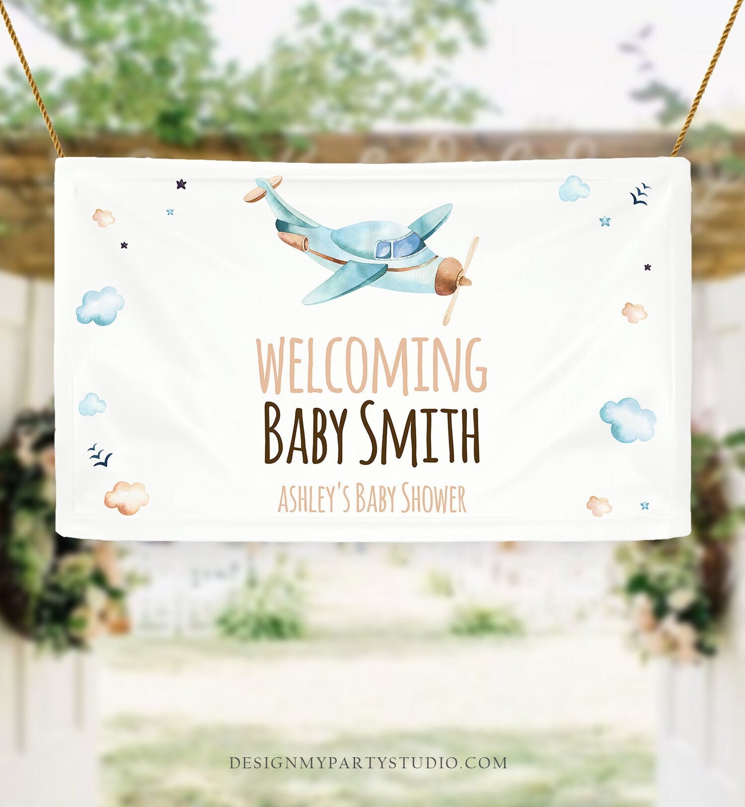 Editable Airplane Baby Shower Backdrop Banner Shower Welcome Sign Boy Blue Vintage Travel Adventure Digital Download Template Printable 0185