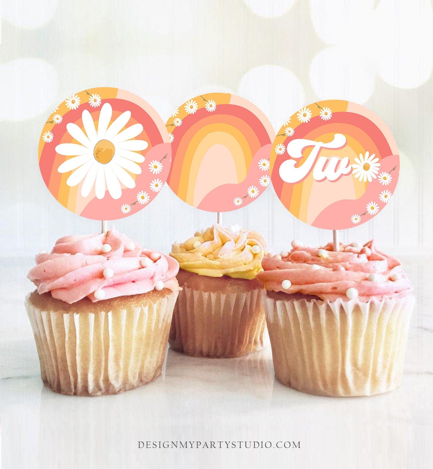 Two Groovy Birthday Cupcake Toppers Favor Tags Retro Daisy Birthday Party Decor 2nd Flower Power Festival Download Digital Printable 0428