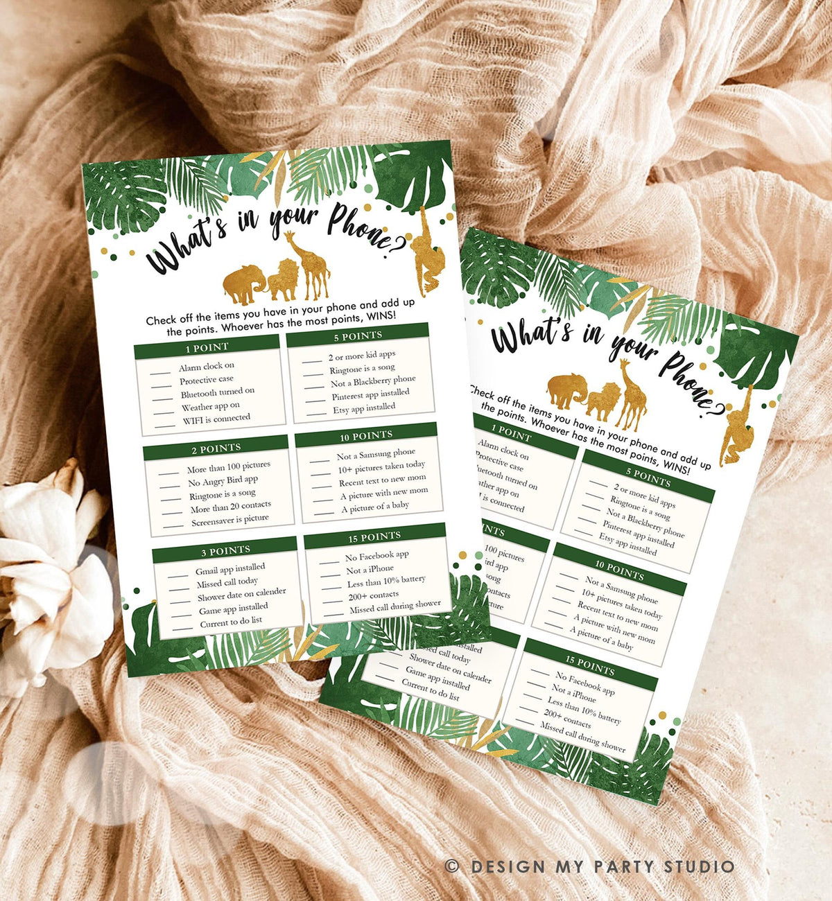 Safari Baby Shower What&#39;s in Your Phone Game Cards Wild Animals Zoo Jungle Black and Gold Greenery Leaves Instant Download Printable 0016