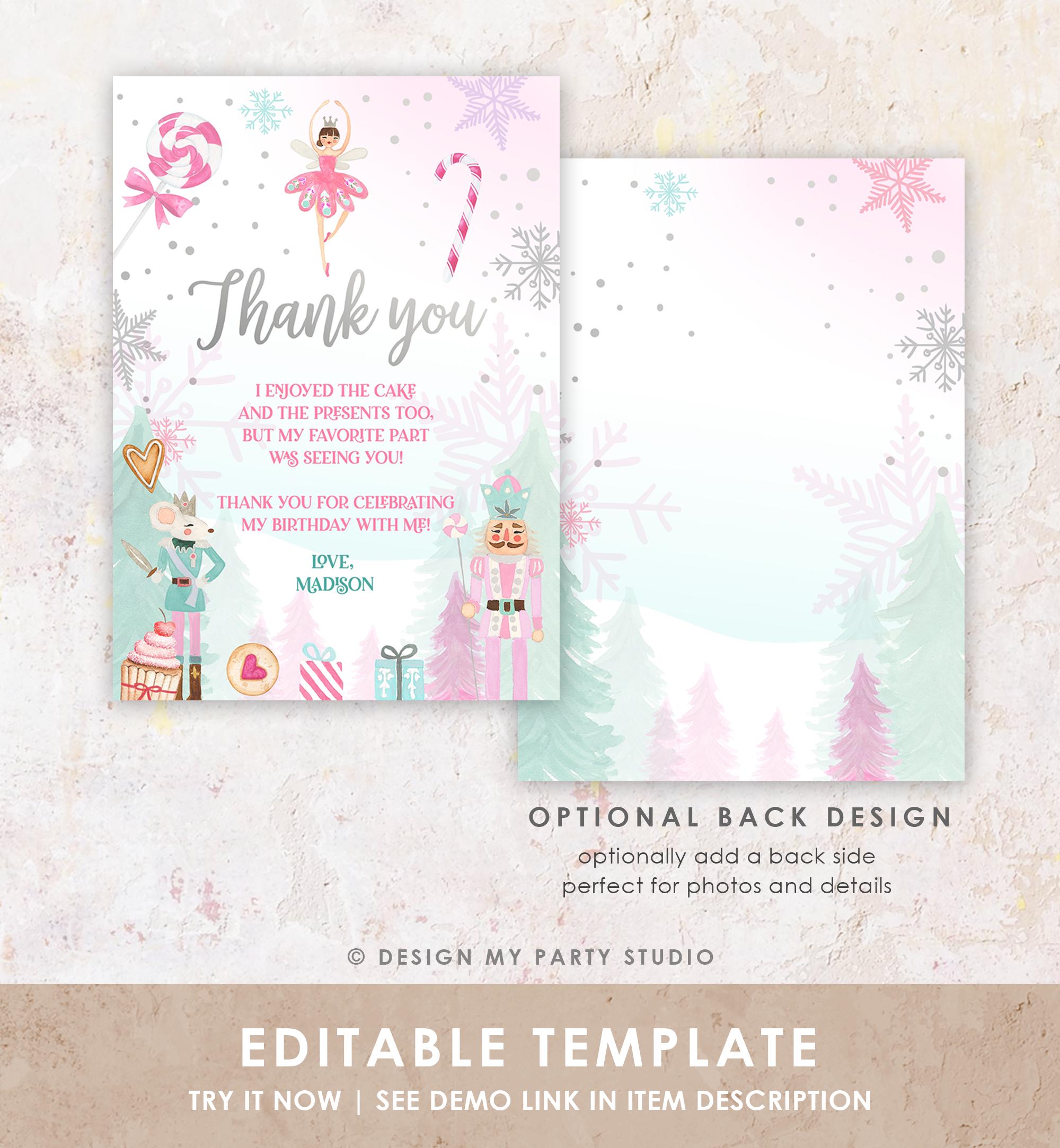 Editable Nutcracker Thank You Card Girl Land of Sweets Winter Pink Girl Sugar Plum Fairy Digital Download Template Printable 0352