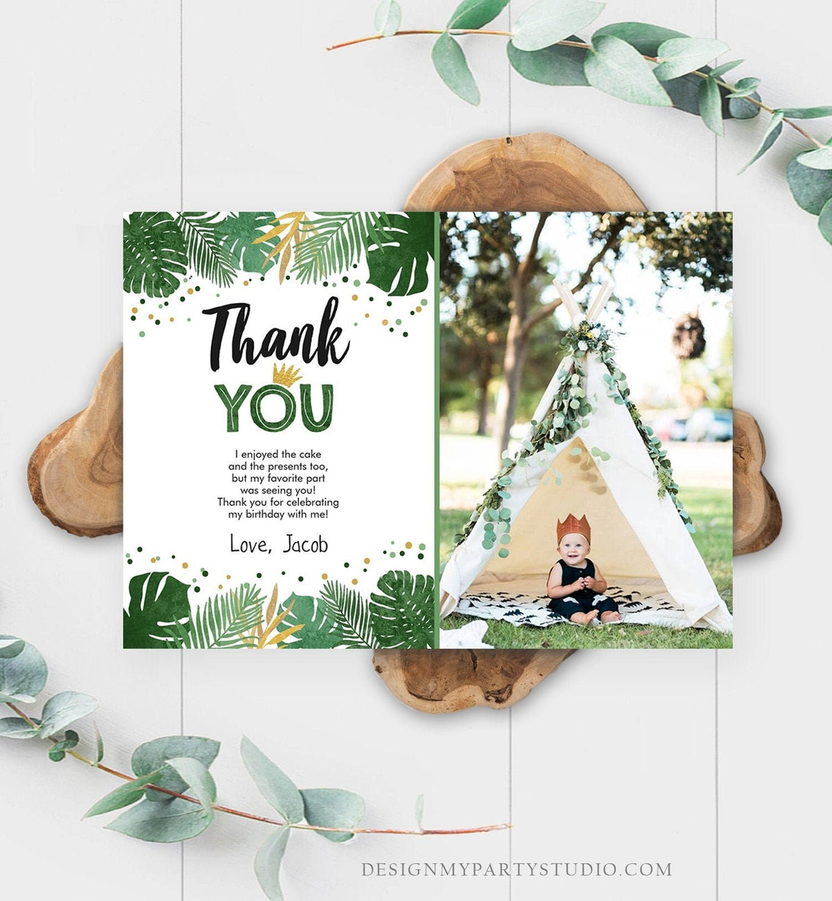 Editable Thank You Card Safari Wild One Two Wild and Three Wild Things Thank You Note Black Gold Photo Boy Digital Template Printable 0332