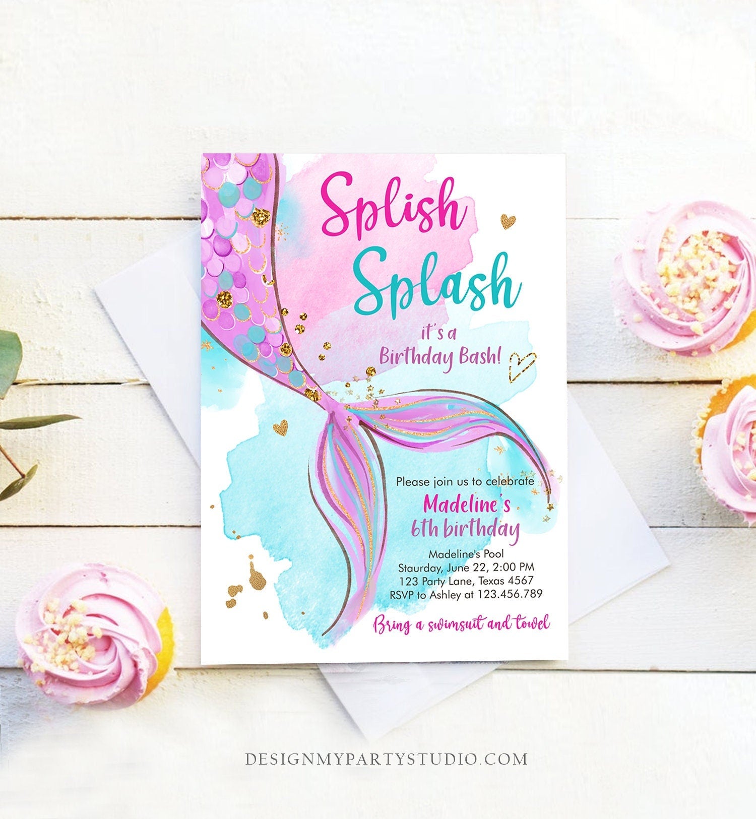 Editable Mermaid Birthday Party Invitation Girl Pool Party Pink Purple Mermaid Birthday Under The Sea Download Evite Template Printable 0403