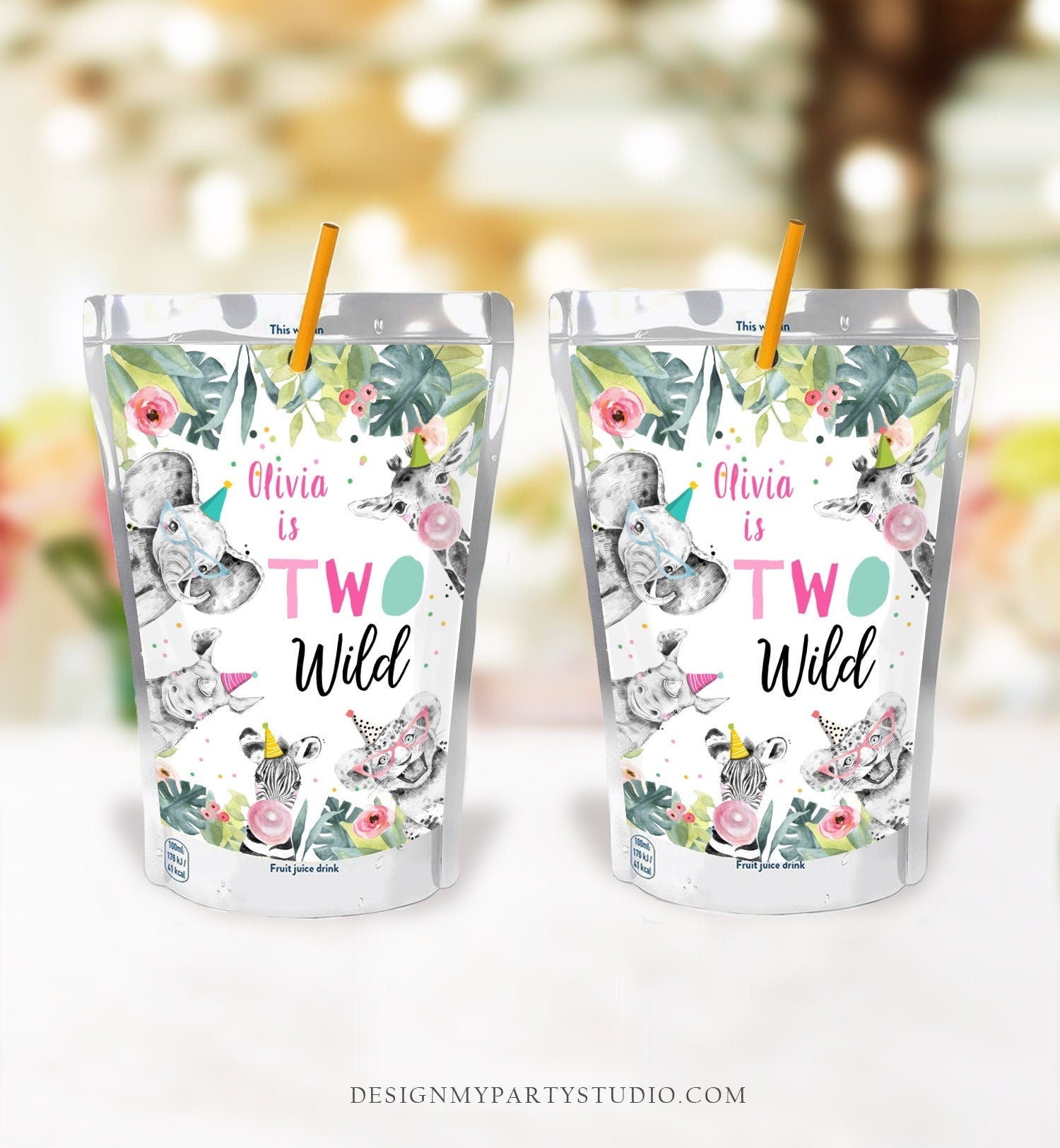 Editable Party Animals Juice Pouch Label Two Wild Birthday Juice Labels Party Animals Birthday Girl Digital Download Template Printable 0322