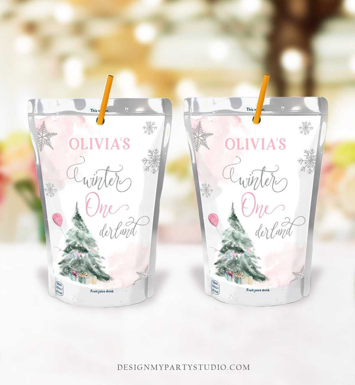 Editable Winter ONEderland Juice Pouch Label Juice Favors Girl First Birthday Christmas Snowflakes Digital Download Template Printable 0363