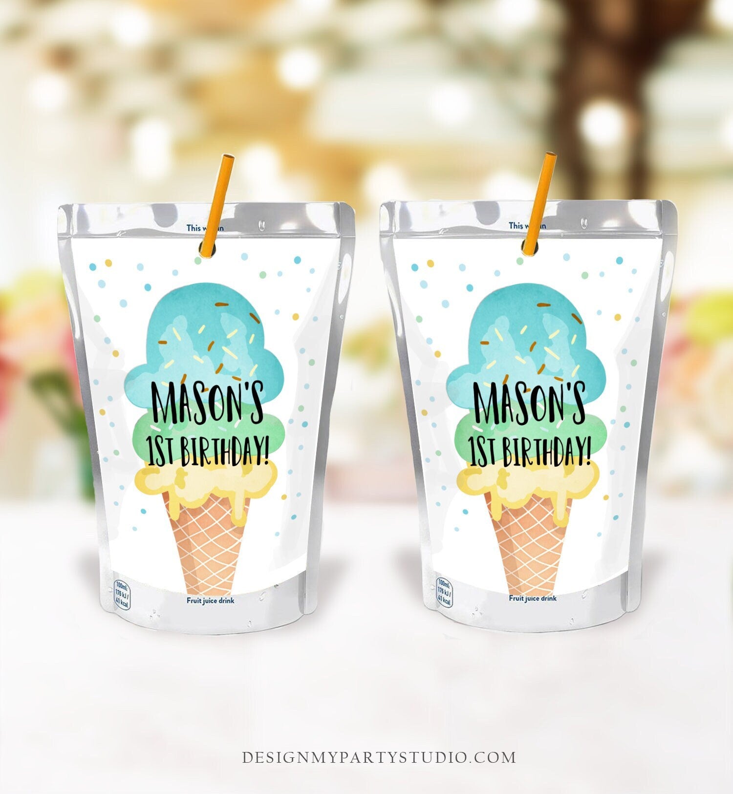 Editable Ice Cream Juice Pouch Label Juice Favors Ice Cream Birthday Party Favors Scoop Boy Blue Digital Download Template Printable 0243