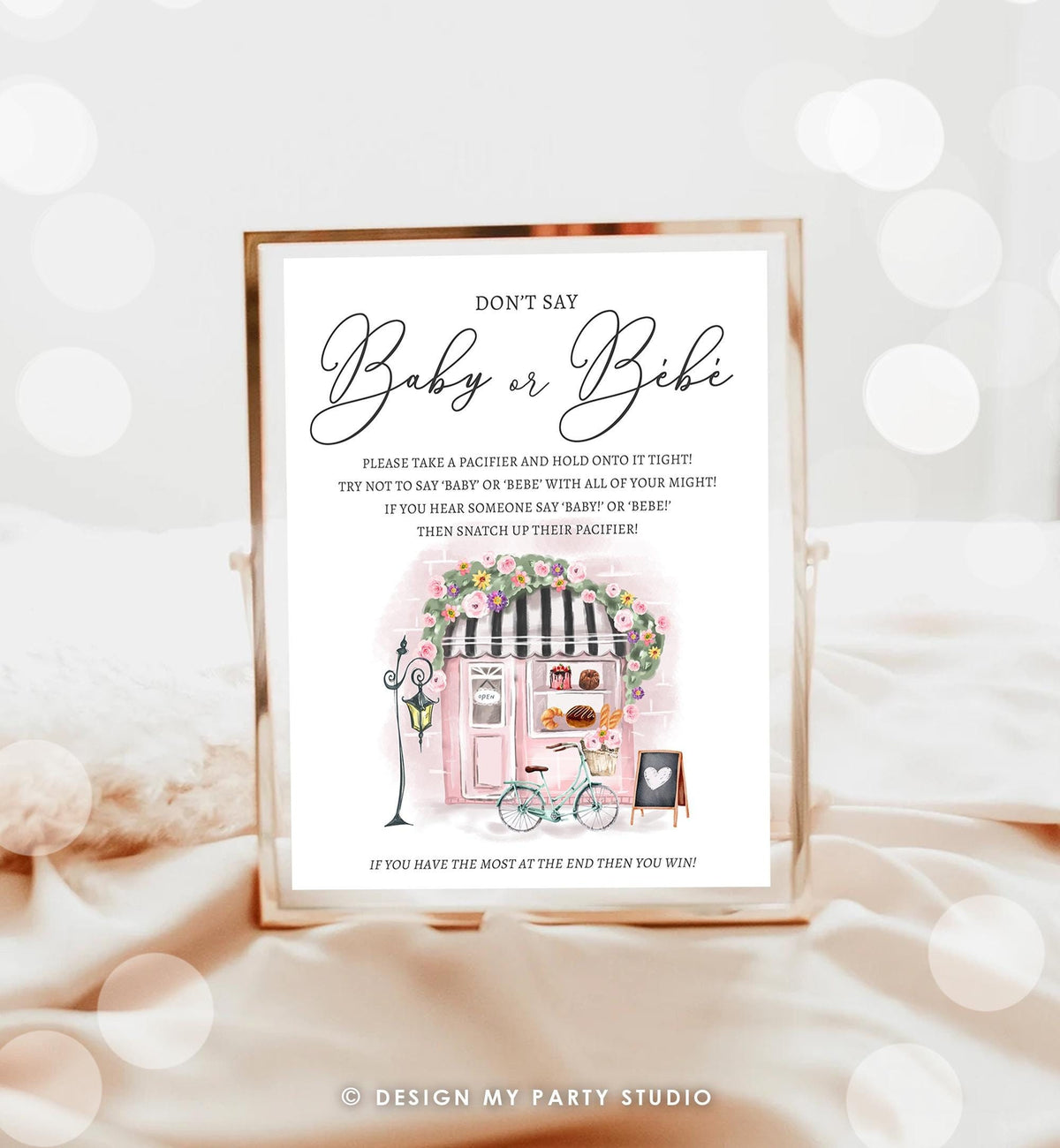 Don&#39;t Say Baby or Bebe Game Sign Paris Baby Shower Game French Patisserie Parisian Eiffel Tower Pink Instant Digital Download Printable 0441