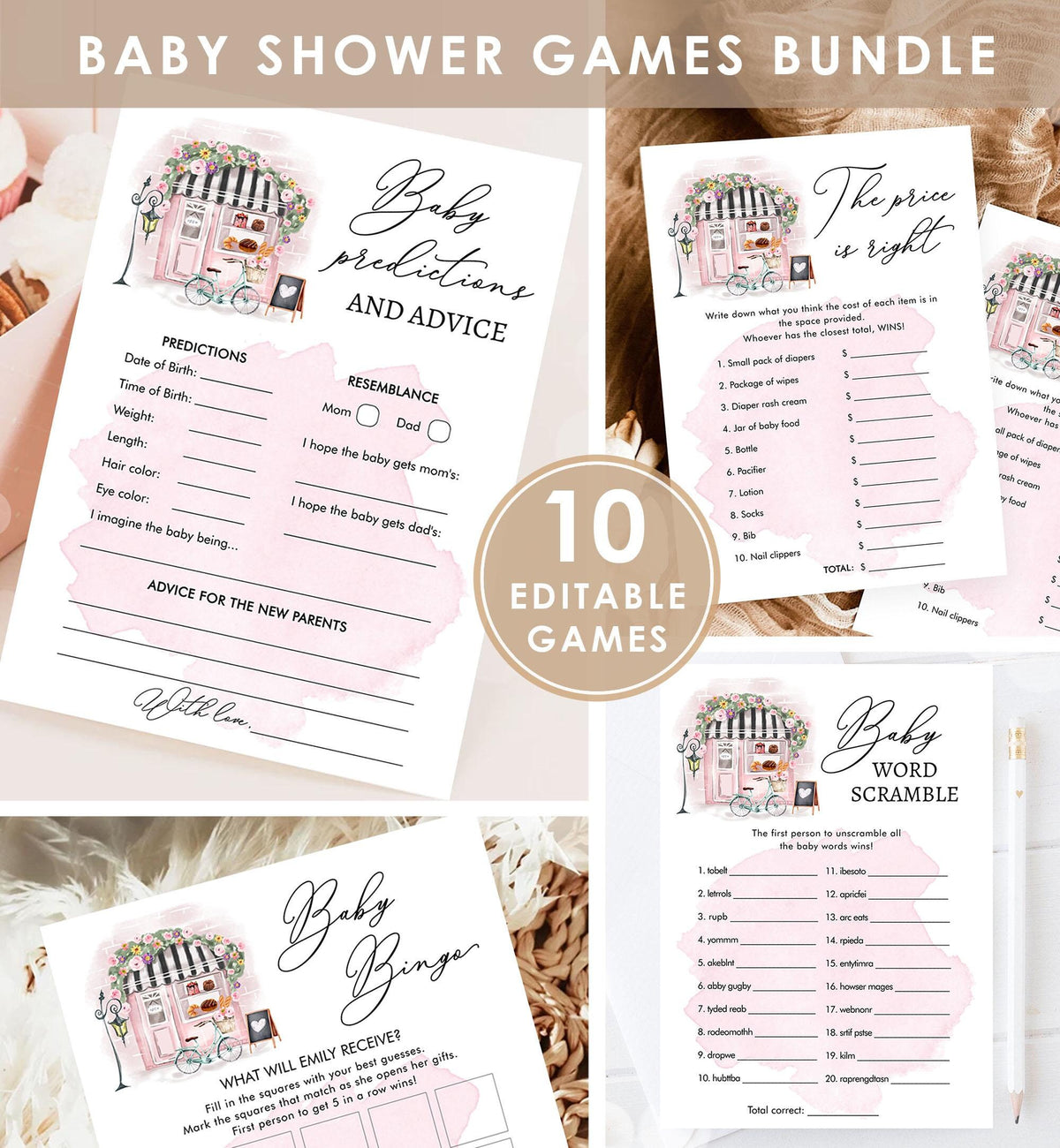 Editable Paris Baby Shower Game Bundle French Baby Shower Games Bonjour Bebe French Patisserie Digital Download Template Printable 0441