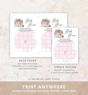 Editable Baby Bingo Game Paris Baby Shower Game Bonjour Bebe French Patisserie Parisian Eiffel Tower Pink Download Template Printable 0441