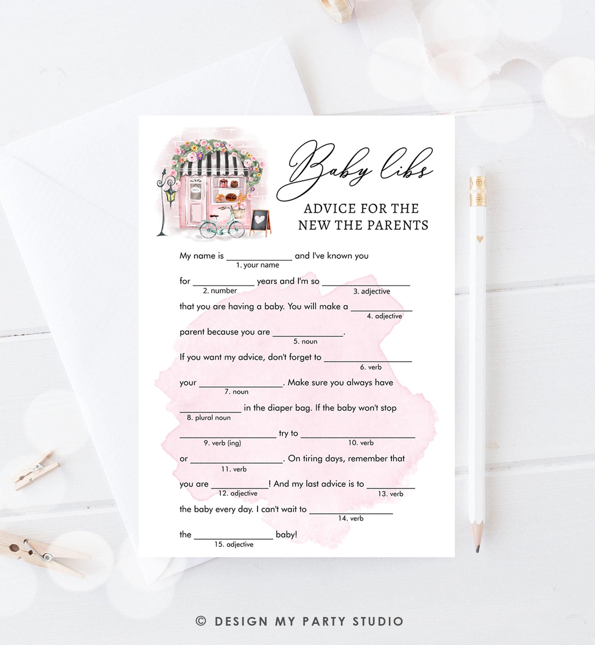 Editable Baby Libs Advice Game Paris Baby Shower Game Bonjour Bebe French Patisserie Parisian Eiffel Tower Download Template Printable 0441