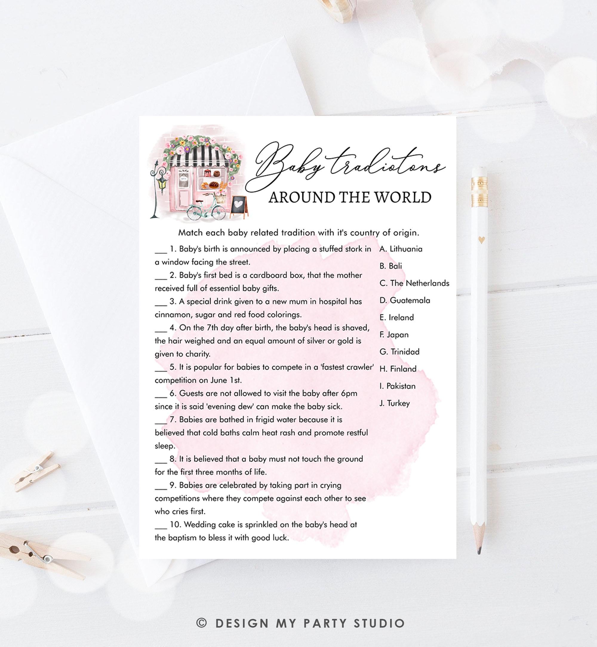 Editable Baby Traditions Around the World Game Paris Baby Shower Game Bonjour Bebe French Patisserie Download Template Printable 0441