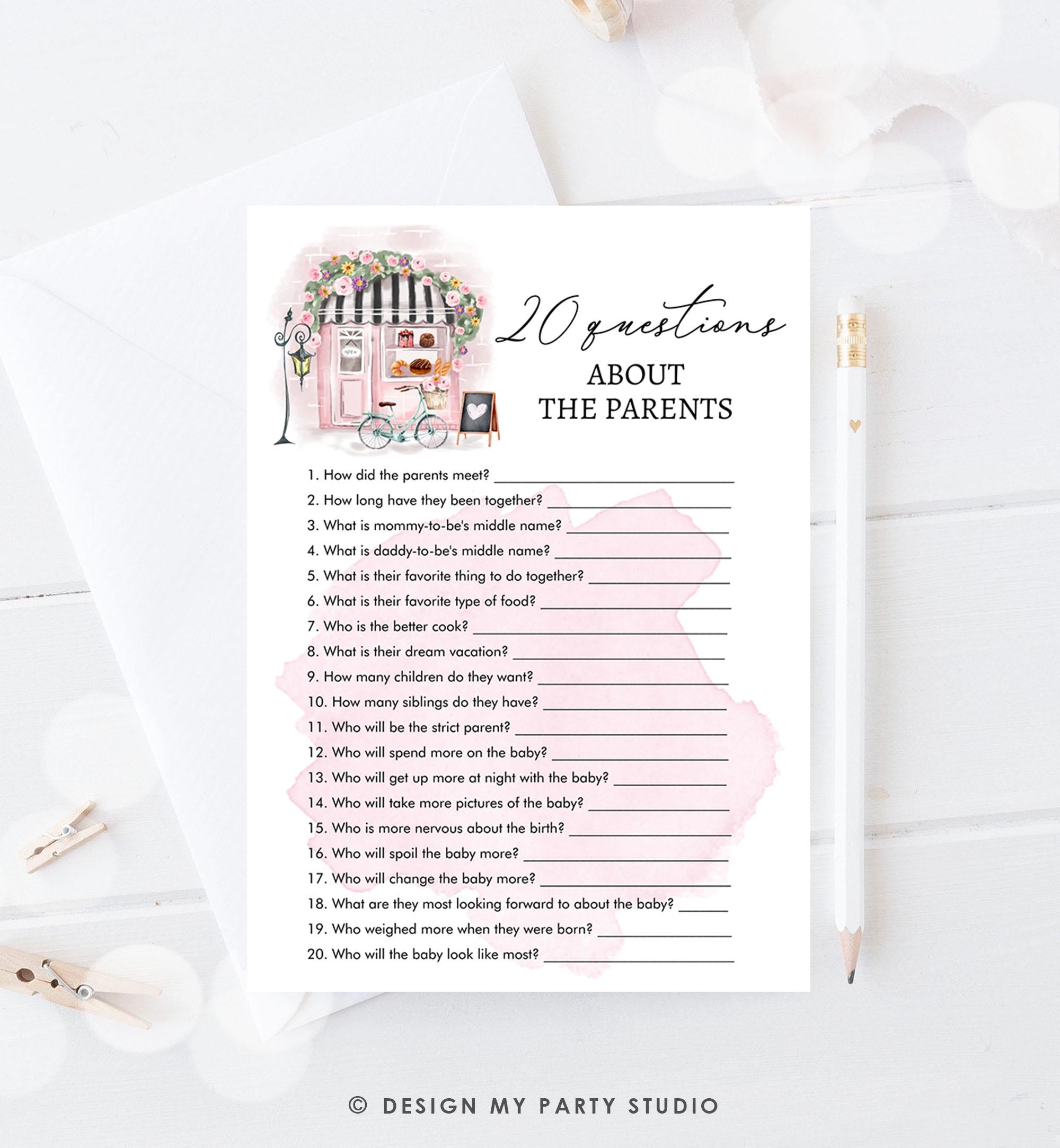 Editable Questions about the Parents Game Paris Baby Shower Bonjour Bebe French Patisserie Eiffel Tower Download Template Printable 0441