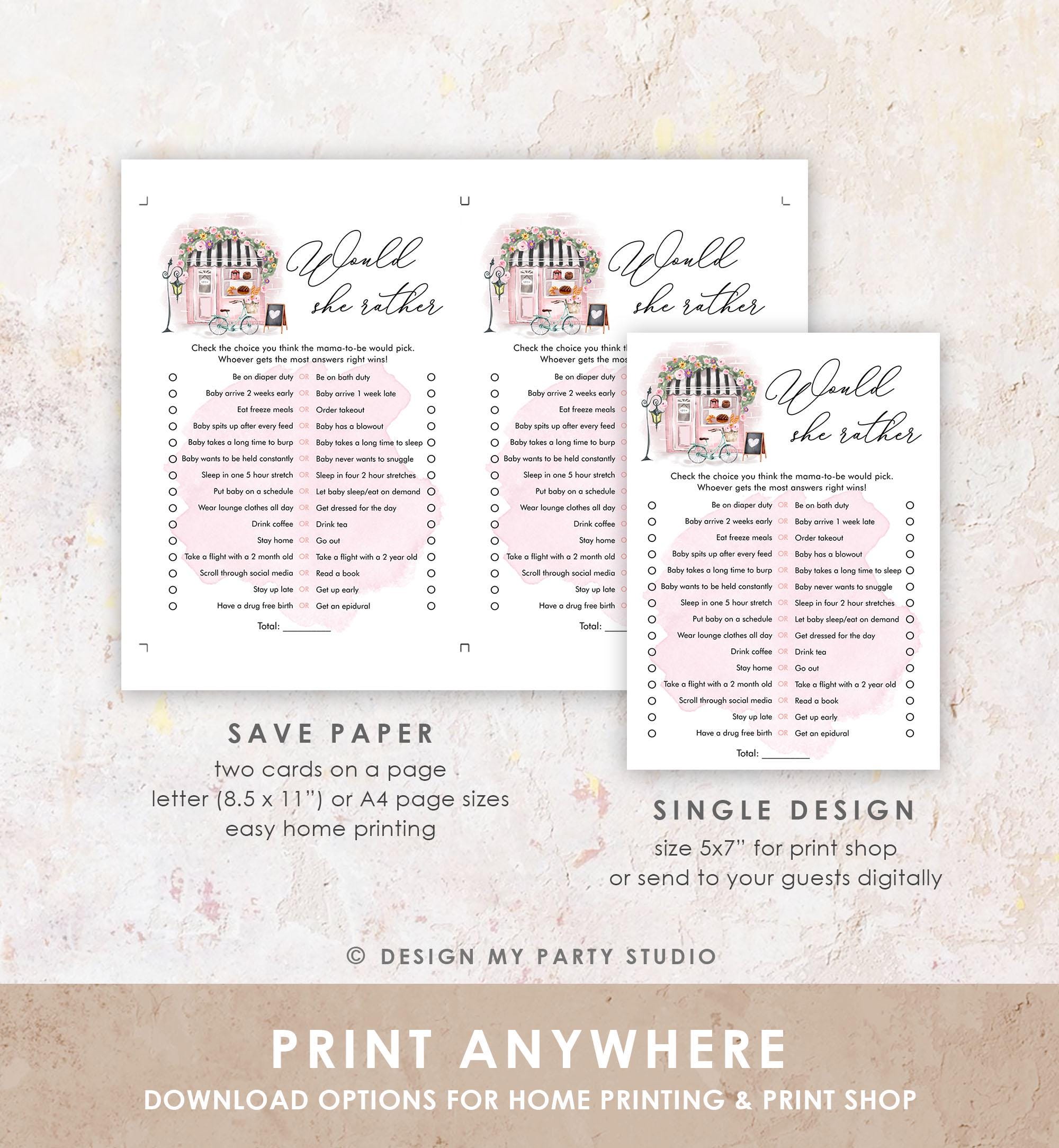 Editable Would She Rather Game Paris Baby Shower Bonjour Bebe French Patisserie Eiffel Tower Digital Download Template Printable 0441