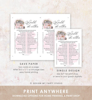 Editable Would She Rather Game Paris Baby Shower Bonjour Bebe French Patisserie Eiffel Tower Digital Download Template Printable 0441