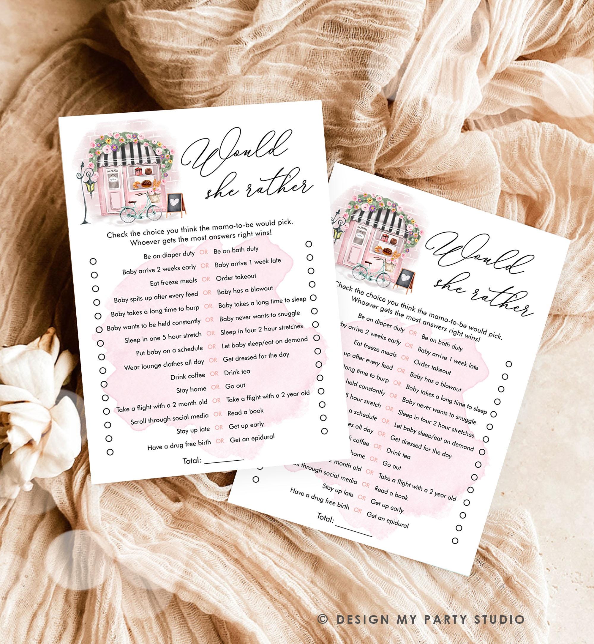 Editable Would She Rather Game Paris Baby Shower Bonjour Bebe French Patisserie Eiffel Tower Digital Download Template Printable 0441