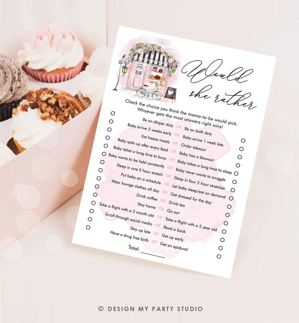 Editable Would She Rather Game Paris Baby Shower Bonjour Bebe French Patisserie Eiffel Tower Digital Download Template Printable 0441