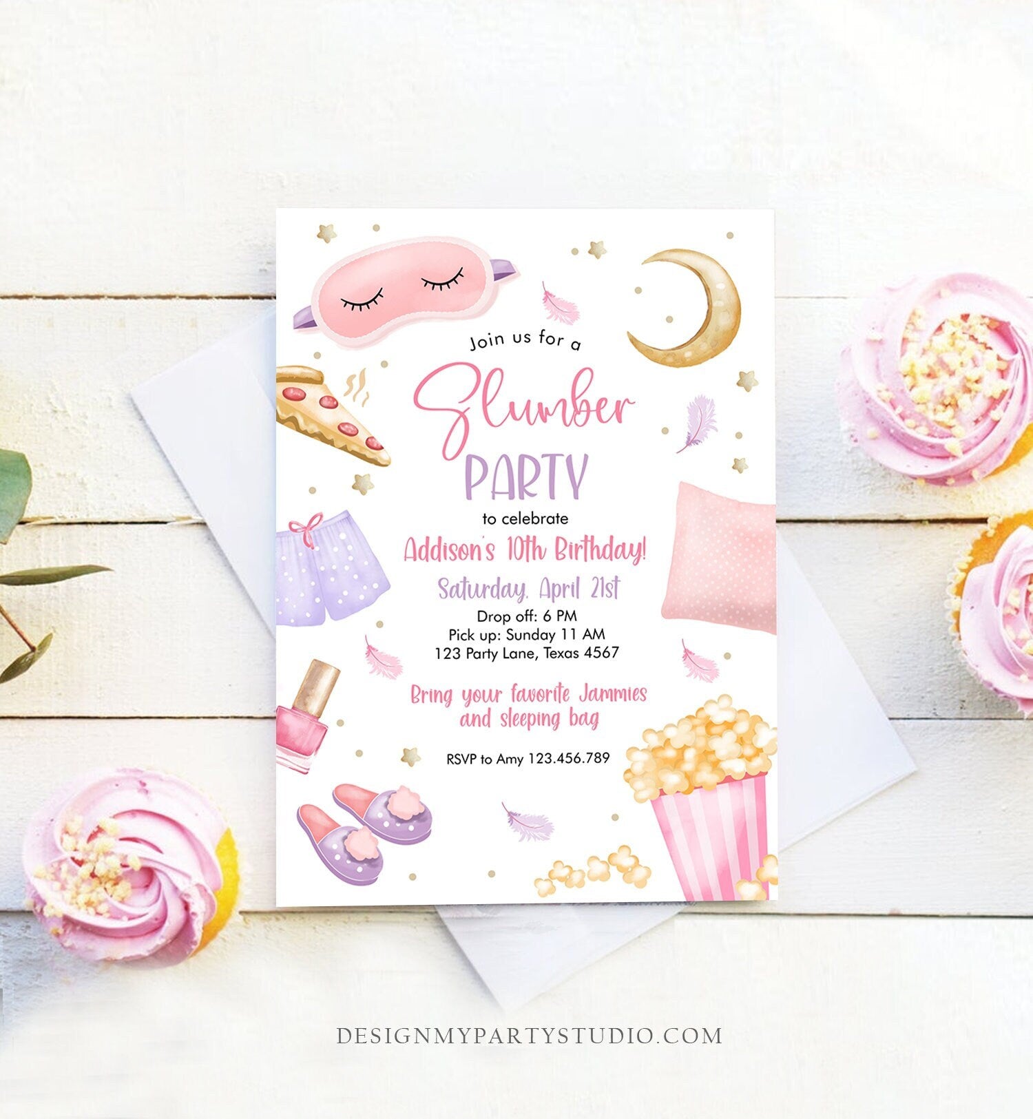 Editable Slumber Party Birthday Invitation Sleepover Birthday Invite Pink Girl Pizza PJ Teen Digital Download Evite Template Printable 0447