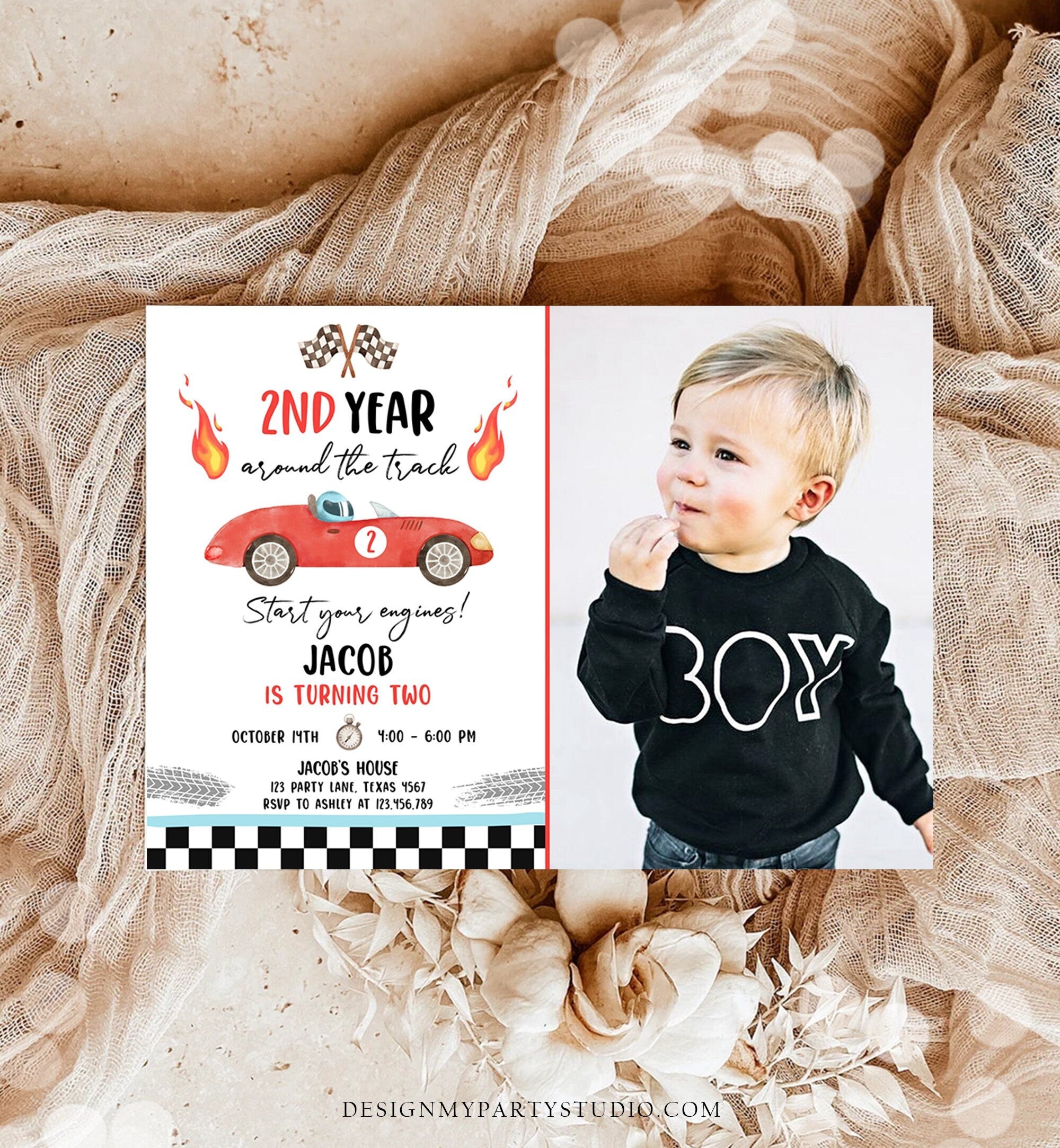 Editable Race Car Birthday Invitation Boy Red Two Fast Party 2nd Year Around the Track Second Birthday Racing Evite Template Printable 0424