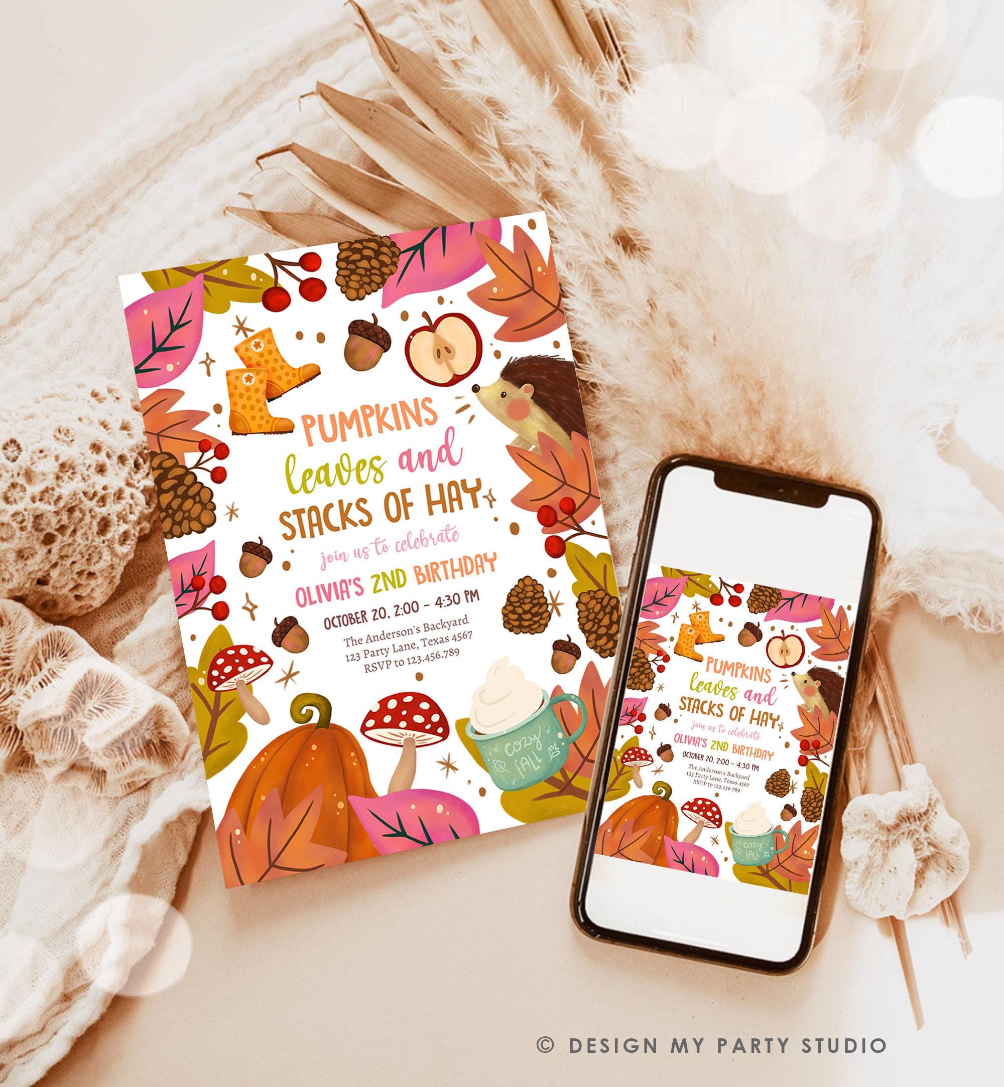 Editable Fall Birthday Invitation Little Pumpkin Patch Autumn Leaves Stacks of Hay Girl Pink Digital Download Template Evite Printable 0516