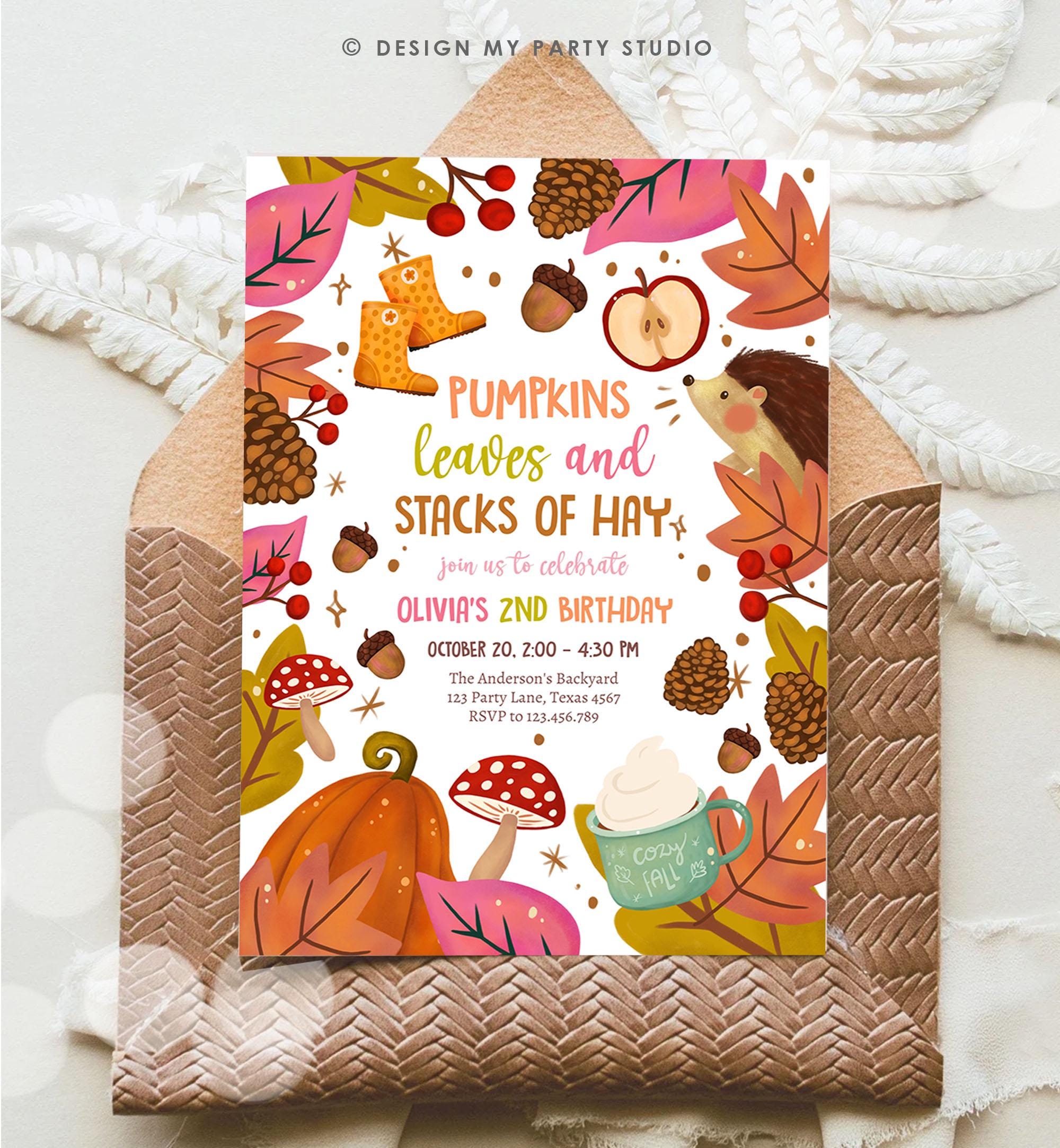 Editable Fall Birthday Invitation Little Pumpkin Patch Autumn Leaves Stacks of Hay Girl Pink Digital Download Template Evite Printable 0516